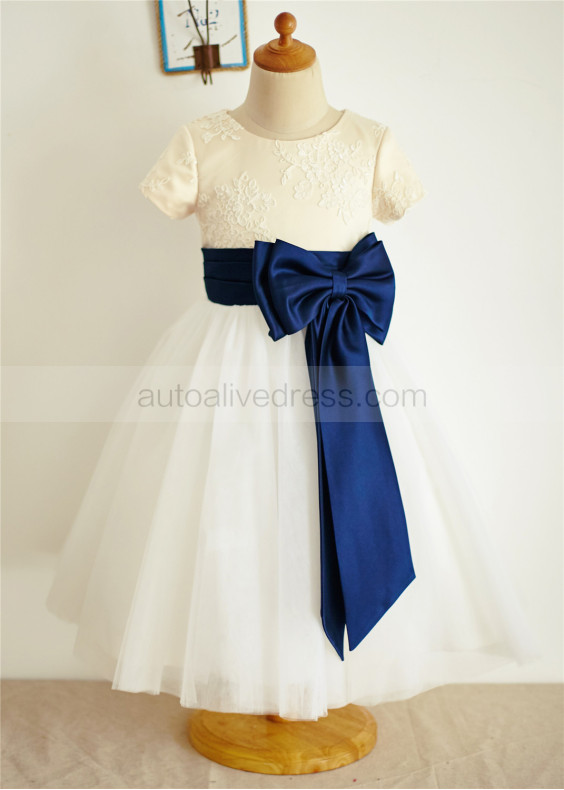 Short Sleeves Champagne Lace Ivory Tulle Knee Length Flower Girl Dress 